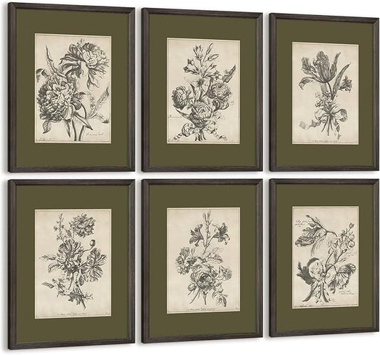 Vintage Floral Wall Art Sketch Flower Prints Antique Botanical Canvas Wall Art Decor Vintage Etchings Floral Poster Green Botanical Painting Sage Green Artwork for Bedroom 12x16x6 Inch Wood Framed