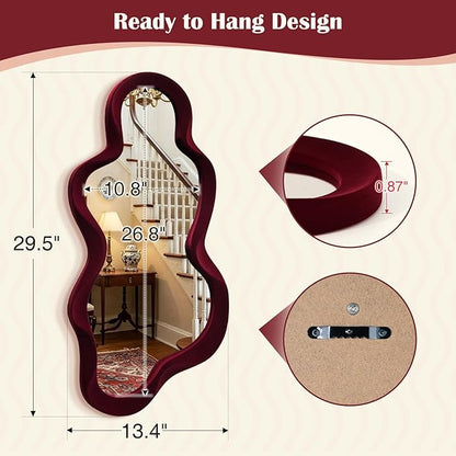 Mirror Wall Decor for Vintage Living Room Bedroom, 13.8x29.7 Asymmetrical Decorative Mirror for Entryway Porch Staircase, Retro Modern Hanging Wall Art Gift for Christmas Wedding (Wine Red)