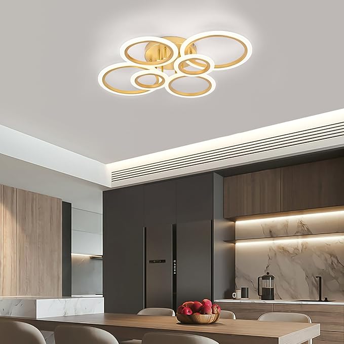 Modern LED Flush Mount Ceiling Light, 6 Rings Gold Close to Ceiling Light Fixtures, Living Room Lighting Fixture Ceiling Lamp for Kitchen, Bedroom, Laundry Room, 4000K Not Dimmable