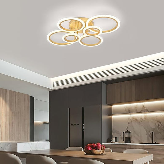 Modern LED Flush Mount Ceiling Light, 6 Rings Gold Close to Ceiling Light Fixtures, Living Room Lighting Fixture Ceiling Lamp for Kitchen, Bedroom, Laundry Room, 4000K Not Dimmable