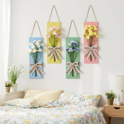 Suncalla 4 Pcs Pastel Daisy Wall Decor Colorful Wooden Summer Artificial Floral Bathroom Wall Art for Living Room, Bedroom, Office Dining Room Decor