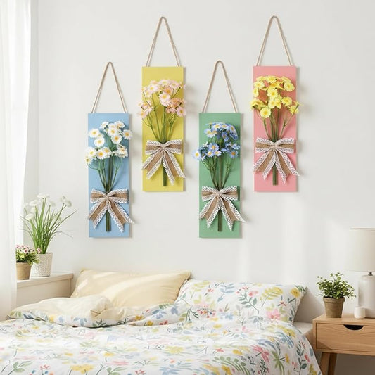Suncalla 4 Pcs Pastel Daisy Wall Decor Colorful Wooden Summer Artificial Floral Bathroom Wall Art for Living Room, Bedroom, Office Dining Room Decor