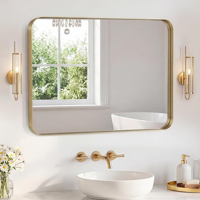 NEWBULIG 32X40 Inch Bathroom Mirror for Over Sink, Wall Vanity Mirrors Tempered Glass, Anti-Rust Metal Framed Rounded Rectangle, Hangs Horizontally or Vertically, Farmhouse Home Decor, Gold