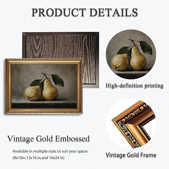 WZGZXU Vintage Gold Framed Wall Art Fruit Wall Decor Pear Canvas Art Still Life Pictures Antique Paintings Cottage Prints For Living Room Kitchen 16x24in