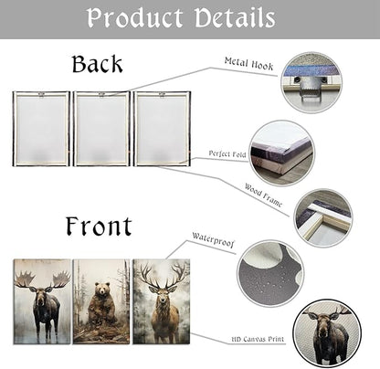 Woodland Animal Canvas Wall Art 3 Piece - Moose Elk Bear in Forest Picture Vintage Painting Rustic Farmhouse Wildlife Prints Home Wall Decor Framed(Art-2,16.00"x24.00"x3P)