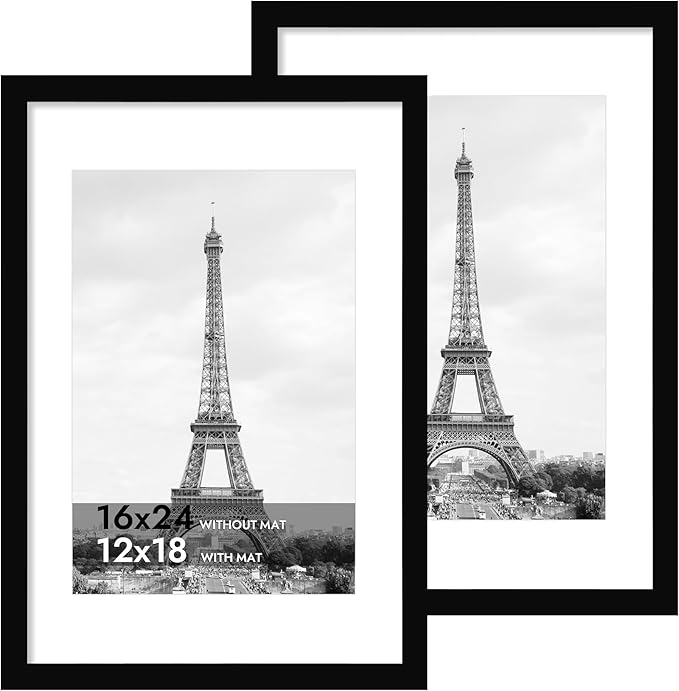 iRahmen 16x24 Poster Frame with 12x18 Mat - Plexiglass Wooden Picture Frames for Photo Wall Gallery Mounting (Pure Black, Set of 2)