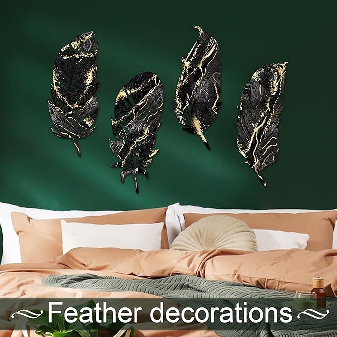 Qunclay 4 Pieces Feather Wall Decor Wooden Feather Wall Art Boho Wall Decor Laser Cut Hanging Mandala Large Rustic Farmhouse Wood Sign for Home Living Room Bedroom Bathroom Kitchen(Black, Gold)