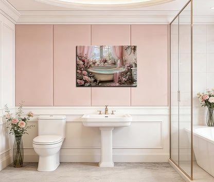 Frimeeme Vintage Pink Roses Bathtub Canvas Wall Art, Luxury Floral Bathroom Decor, for Bathroom Farmhouse Laundry Room Powder Room,16x24 Inches, Framed