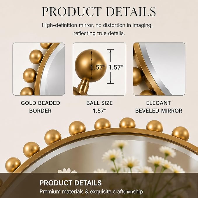 30 Inch Round Wall Mirror with Antique Gold Ball Frame, Beveled Decorative Round Accent Mirror, Vintage Gold Sunburst Style Mirror for Bedroom, Living Room, Entryway, Hallway & Wall Decor