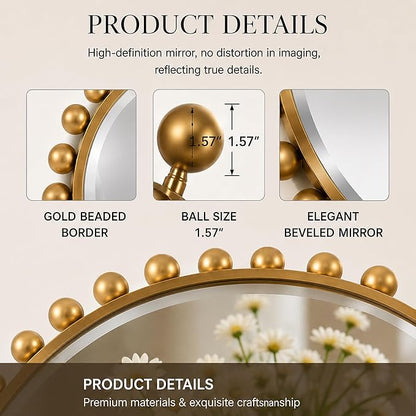 30 Inch Round Wall Mirror with Antique Gold Ball Frame, Beveled Decorative Round Accent Mirror, Vintage Gold Sunburst Style Mirror for Bedroom, Living Room, Entryway, Hallway & Wall Decor