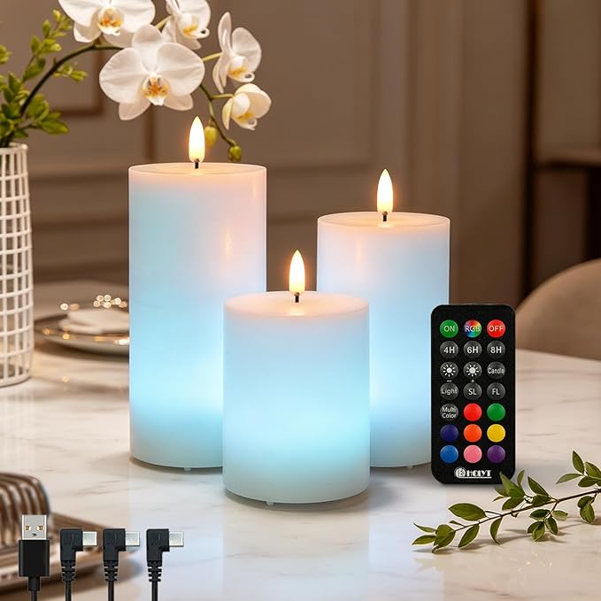 LEDHOLYT Rechargeable Flameless Candles, RGB Color Changing Realistic Flickering Flameless Candles with Remote & Timer, Set of 3