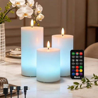 LEDHOLYT Rechargeable Flameless Candles, RGB Color Changing Realistic Flickering Flameless Candles with Remote & Timer, Set of 3