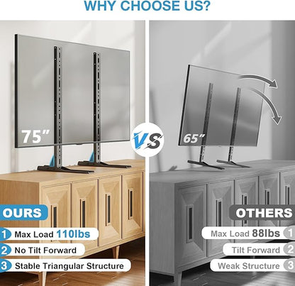 YOMT Universal Table Top TV Stand for 20-75 Inch Flat Curved TVs, Height Adjustable TV Legs with Cable Management, Great Load-Bearing Replacement TV Base Holds up to 110lbs, Max VESA 800x600mm, Black