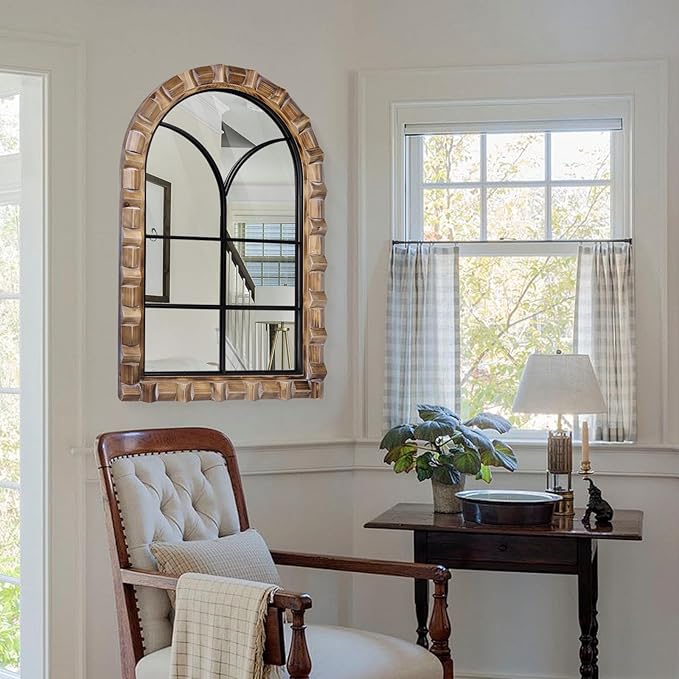 36x24 Inch Arched Window Pane Wall Mirror - Rustic Farmhouse Solid Wood Decorative Mirror for for Living Room, Bedroom, Entryway & Bathroom