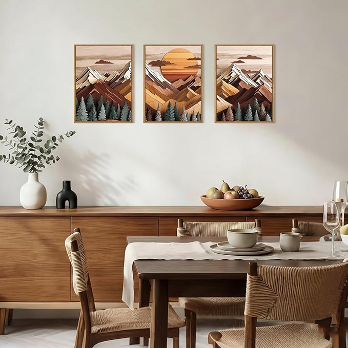 KAIRNE Woodcut Style Mountain Framed Canvas Wall Art Set,Wooden Pine Tree Wall Decor,Vintage Forest Landscape Art Prints,Nature Sunrise Artwork for Living Room,Bedroom,Farmhouse,Office-12 x16 x3