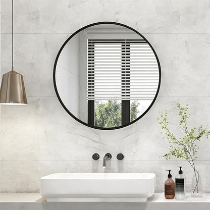 NEWBULIG 30 Inch Round Wall Mirror, Bathroom Mirror for Over Sink, Matte Metal Framed Circle Vanity Mirror, Wall Decor for Bedroom, Entryway, Anti-Rust, Tempered Glass, Hanging or Leaning, Black