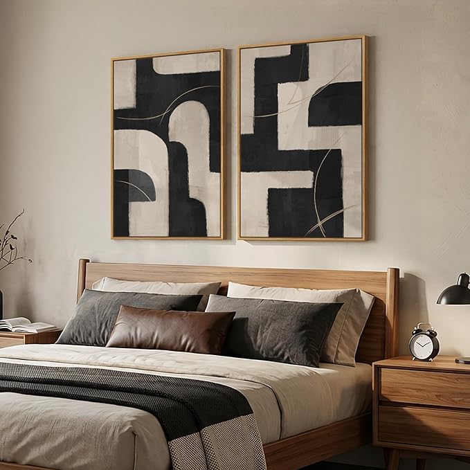 Large Framed Modern Neutral Abstract Wall Art, Set of 2 Minimalist Black and Beige Canvas Prints Paintings Artwork for Walls, Geometric Pictures for Living Room Hallway Bedroom Wall Decor 24x36 In