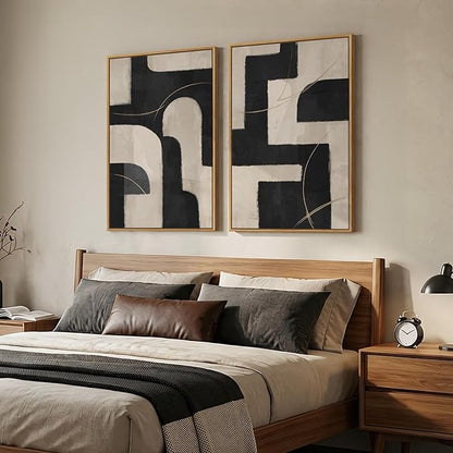 Large Framed Modern Neutral Abstract Wall Art, Set of 2 Minimalist Black and Beige Canvas Prints Paintings Artwork for Walls, Geometric Pictures for Living Room Hallway Bedroom Wall Decor 24x36 In