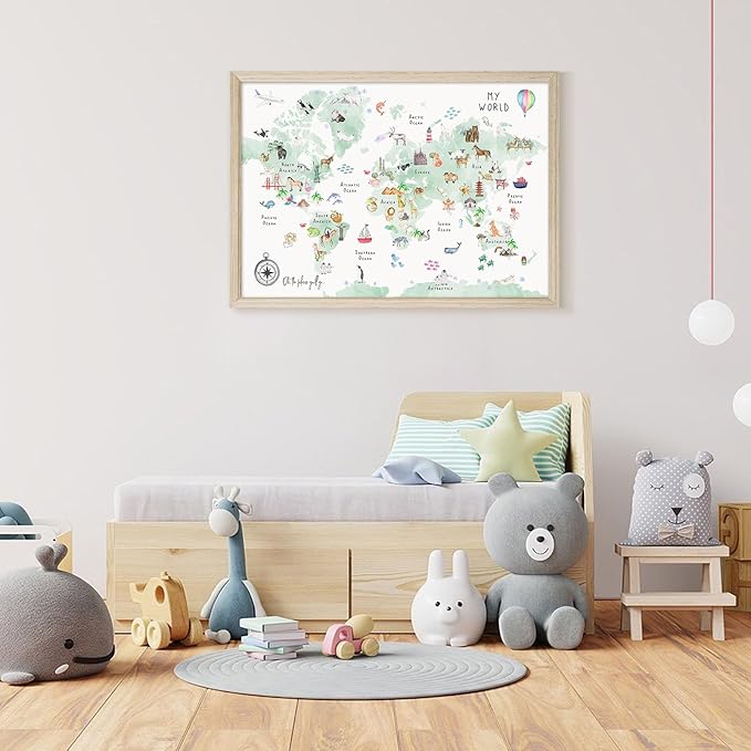 Joocrise Green Kids World Map Wall Art Animal Map Canvas Art Nursery Wall Decor World Map Poster Childrens Room Decor Playroom Prints Educational Artwork 16x24 Inch Wood Frame