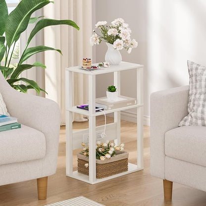 YUFAM 3 Tier Small Narrow Bamboo Side Table Set of 2 with Charging Station - Skinny Nightstand for Small Spaces, Slim Bedside Table with USB Ports and Outlets - Thin End Table with Storage, Grey White