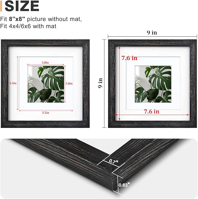 Egofine 8x8 Picture Frame Made of Solid Wood with Plexiglass, Display Pictures 4x4/6x6 with Mat or 8x8 Without Mat Set of 4 for Tabletop and Wall Mounting, Driftwood Black