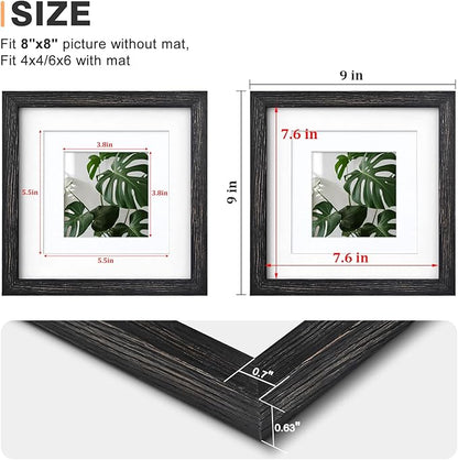 Egofine 8x8 Picture Frame Made of Solid Wood with Plexiglass, Display Pictures 4x4/6x6 with Mat or 8x8 Without Mat Set of 4 for Tabletop and Wall Mounting, Driftwood Black