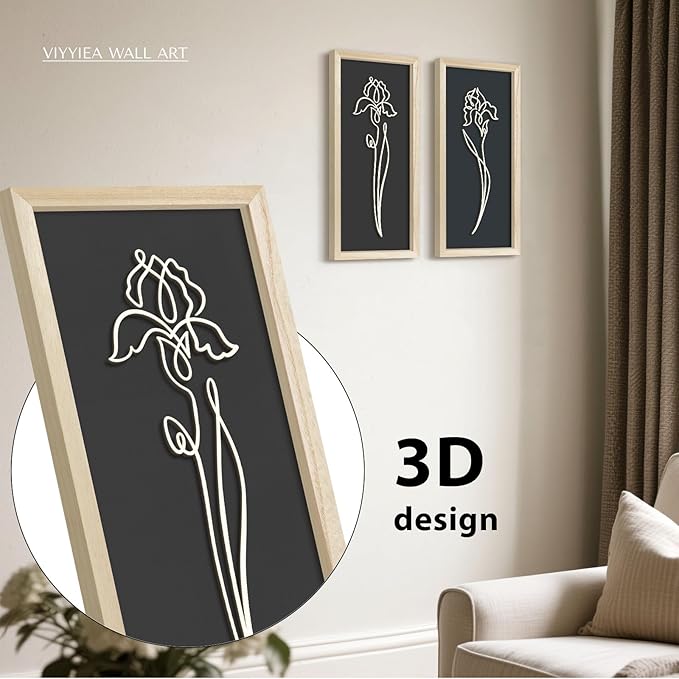 VIYYIEA Wooden 3d Floral Bathroom Wall Decor, Ready-to-Hang Framed Wall Art For Living Room, Bedroom and Office, Boho Botanical Farmhouse Decoration, Lightweight but Valuable Gift (7x16 In, set of 2)