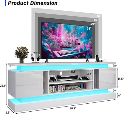 chartustriable 71IN LED TV Stands w/Power Outlet for 85/80/75 Inch TVs,High Glossy Modern Tall Entertainment Center TV Media Console Gaming with 2 Storage Cabinets,Dual LED Lights,White