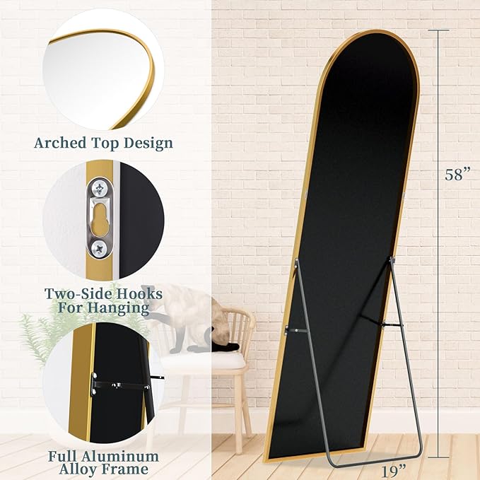 Full Length Mirror with Stand, 58"x19" Arched Full Body Mirror, Large Stand Up Aluminum Frame Floor Freestanding Hanging Leaning Mounted for Bedroom Living Room Entryway Gold