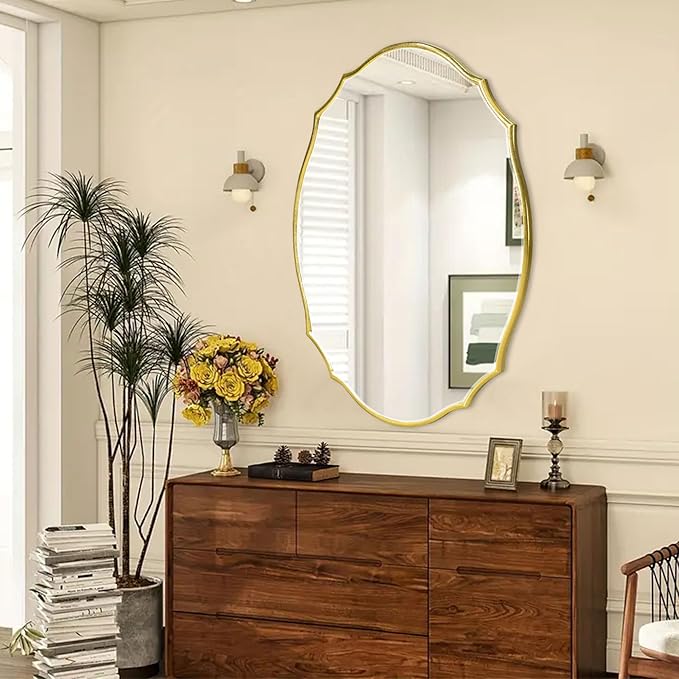 36''x24'' Wood Framed Gold Vintage Mirror, Large Antique Mirrors for Wall, Rustic Thick Frame Polygon Oval Mirror Decor Bathroom Living Room Entryway Stairway Kitchen (Gold)
