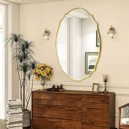 36''x24'' Wood Framed Gold Vintage Mirror, Large Antique Mirrors for Wall, Rustic Thick Frame Polygon Oval Mirror Decor Bathroom Living Room Entryway Stairway Kitchen (Gold)