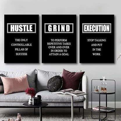 Motivational Poster Grind Hustle Execution Inspirational Wall Art Painting 3 Pieces Canvas Print Office Decor Inspiring Quotes Framed Artwork Home Living Room Decoration Ready to Hang [60''W x 28''H]