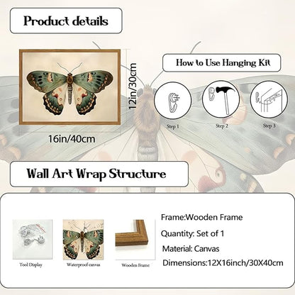 Framed Vintage Butterfly Canvas Wall Art, Moody Insect Wall Decor Paintings, Cottagecore Moth Artwork Pictures Prints Antique Home Decor for Living Room Bedroom Bathroom 12x16 inch