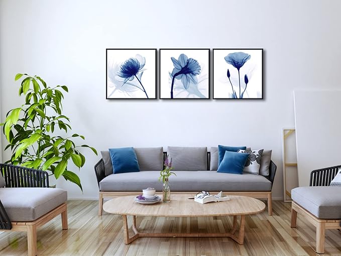 Wieco Art Framed Wall Art Blue Abstract Flowers 3 Panels Canvas Prints Home Art Modern Artwork Wall Pictures for Living Room Bedroom and Home Decorations Black Frame