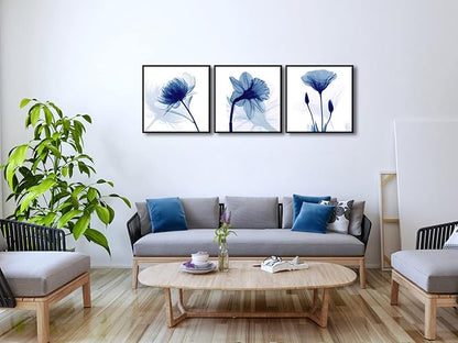 Wieco Art Framed Wall Art Blue Abstract Flowers 3 Panels Canvas Prints Home Art Modern Artwork Wall Pictures for Living Room Bedroom and Home Decorations Black Frame