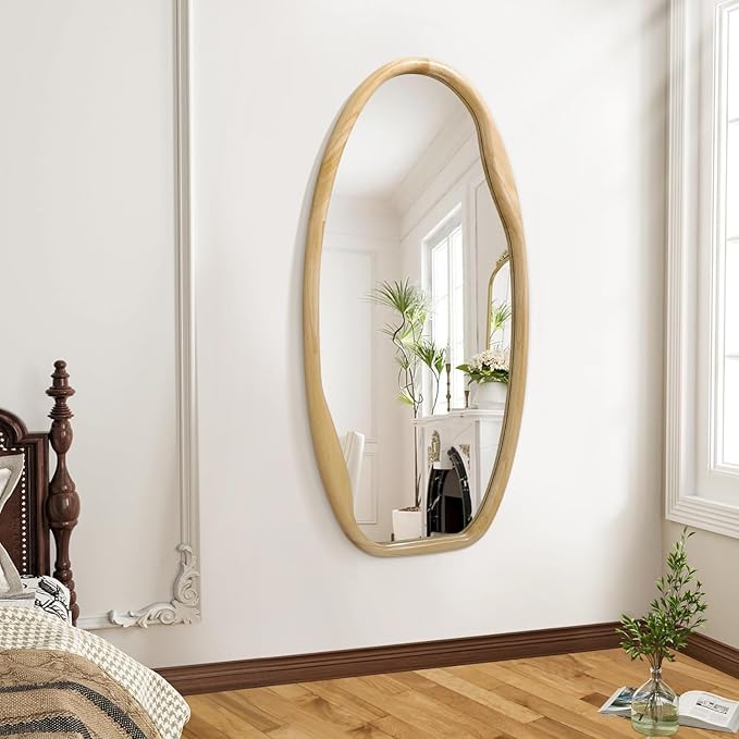 JJUUYOU Irregular Wood Frame Wall Mirror Asymmetrical Mirrors for Wall 40"X20" Decorative Wooden Hanging Mirror for Bathroom Bedroom Living Room Cloakroom Entryway Wood