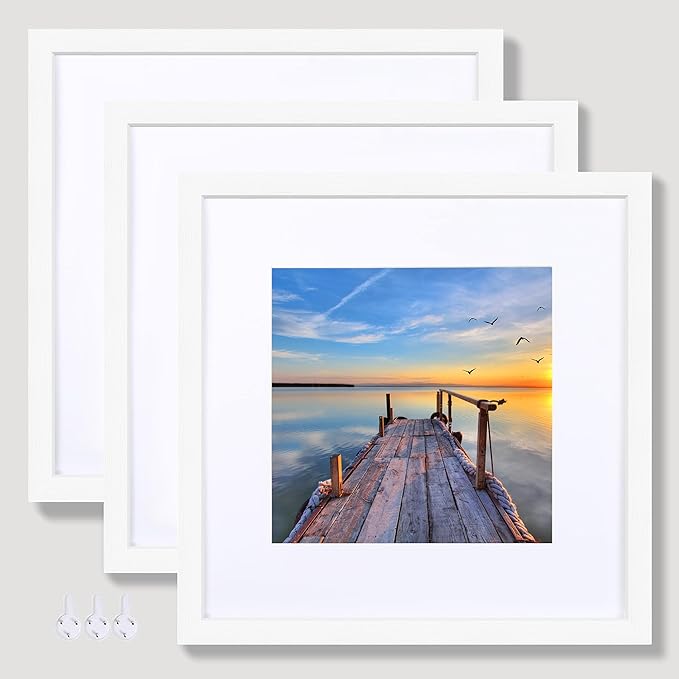 Hongkee 12x12 White Picture Frame set of 3, Made of Real Glass and Wooden Square Photo frame - Displays Picture 8x8 With Mat or 12 x 12 Without Mat, Desktop & Wall Collage Photo Frame