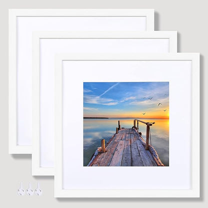 Hongkee 12x12 White Picture Frame set of 3, Made of Real Glass and Wooden Square Photo frame - Displays Picture 8x8 With Mat or 12 x 12 Without Mat, Desktop & Wall Collage Photo Frame
