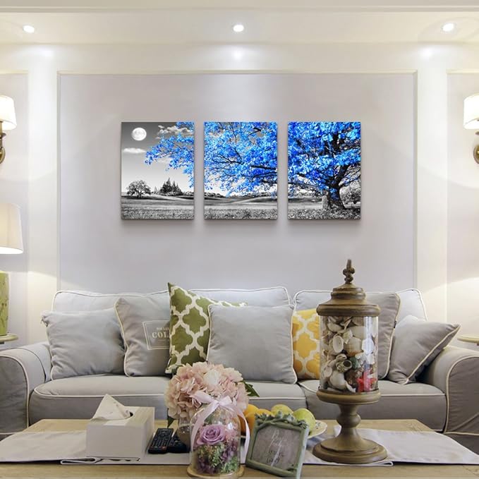 Wall Art For Living Room Black And White Blue Tree Moon Canvas Wall Decor For Home Artwork Huge Painting 20" X 28" 3 Pieces Canvas Print For Bedroom Decor Modern Salon Kitchen Office Hang A Picture