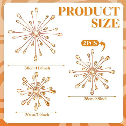 Hicarer 4 Pcs Starburst Wall Decor Bling Wall Art Crystal Teardrop 3D Hanging Rhinestone Radial Metal Artwork Modern Accent Sculptures Decorations for Living Room Home Office Bedroom(Orange)