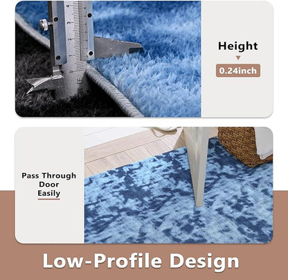FinRèc 2x6 Washable Runner Rugs for Kitchen Hallway Bedroom, Low Pile Thin Ultra Soft Shag Rug, Non-Slip Carpet Indoor for Home Decor (Tie-dye Teal)