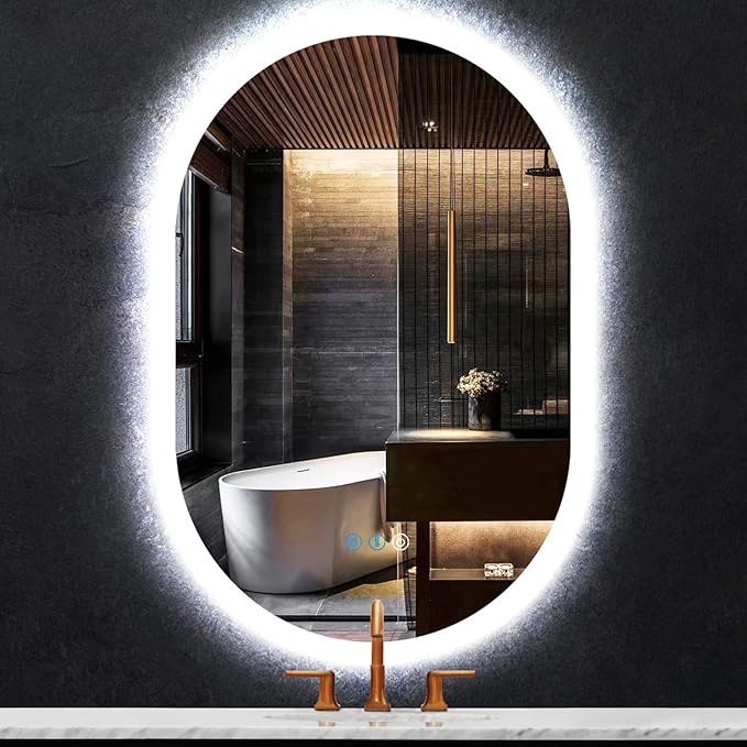 THEKLA 24 x 32 inch Oval Lighted Mirror for Bathroom Wall Horizontal Vertical Mount Makeup Oval Backlit Vanity Mirror with Lights Memory 3 Color Dimmable AntiFog 32" Back Light up LED Ovals Mirror