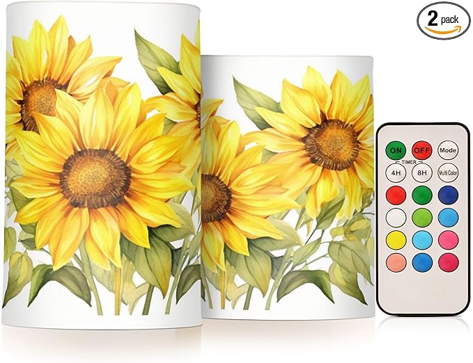 ALAZA Blooming Yellow Sunflowers Flickering Flameless Candles Battery Operated with Remote Timer,Tea Light Candles LED Pillar Votive Candles Set of 2 for Outdoor Indoor Decorations
