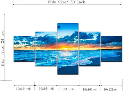 Yatsen Bridge Blue Beach Ocean Sunrise Modern Landscape Seascape Painting on Canvas 5 Piece Pictures Wall Art for Living Room Home Decor Wooden Framed Stretched Ready to Hang (50''W x 24''H)