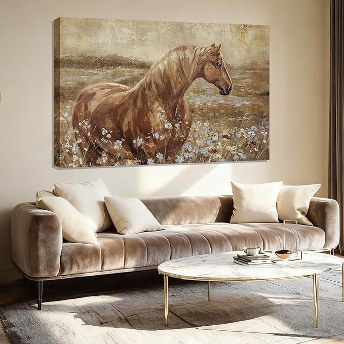 ZENPEE Horse Canvas Wall Art for Living Room Large Brown Horse Painting Western Farmhouse Wall Decor Above Couch Rustic Animal Wall Art 32x48 Inch