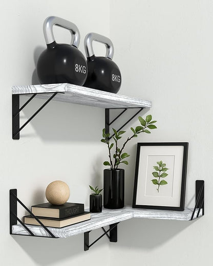 BAYKA Wall Shelves for Bedroom Decor, Floating Wall Shelves for Living Room Kitchen Storage, Mounted Rustic Wood Floating Shelves for Kids Books,Corner Shelves for Bathroom(Gray White，Set of 3)