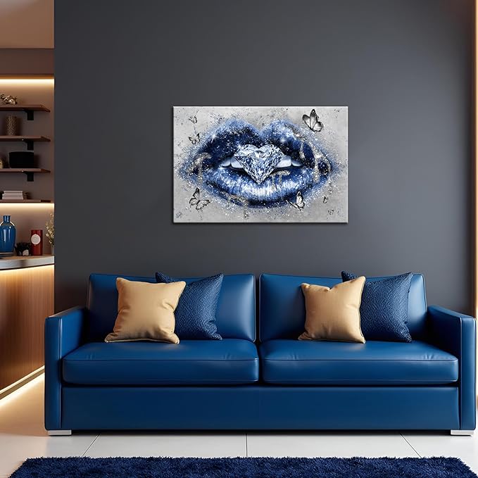 Conipit Navy Fashion Wall Art Blue Lip Canvas Art Beauty Glam Picture Prints Lip Painting with Heart Diamond Artwork for Makeup Room Bedroom Salon Wall Decor 24x36 Inch
