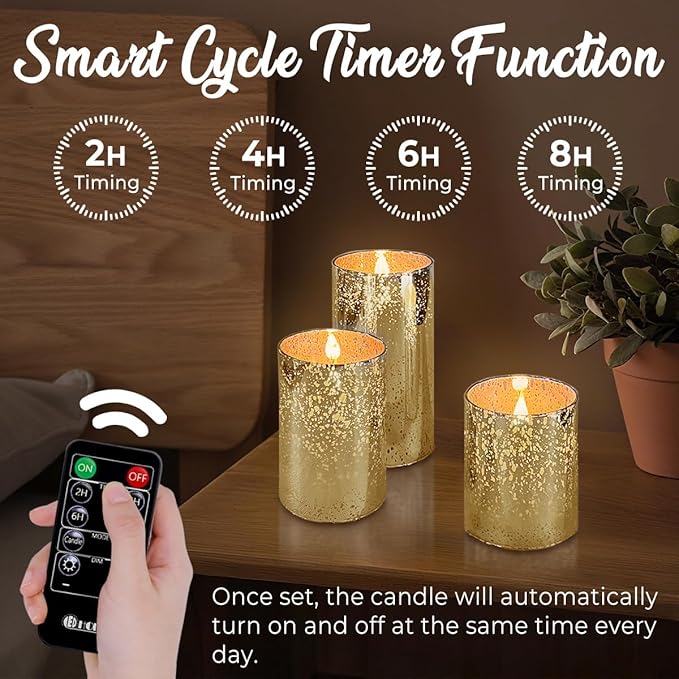 LEDHOLYT Rechargeable Flameless Candle, Flickering LED Pillar Glass Fake Candle with Remote and Timer, Built-in Battery Real Wax Electronic Candle for Room Decoration, Set of 3