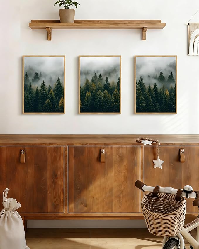 Drsoum Fog Pine Tree Landscape Wall Art Framed Nature Misty Nordic Forests Prints Morden Farmhouse Rustic Artwork Hallway Bathroom Ready to Hang 11x14in Natural Framed