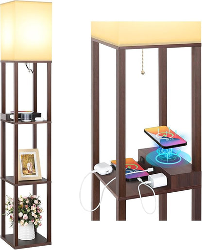 Mlambert Modern Shelf Floor Lamp with Wireless Charger & Fast Charging USB Ports & Type C Port & 2 Power Outlets,3 Tier Storage Lamp for Bedroom,Brown